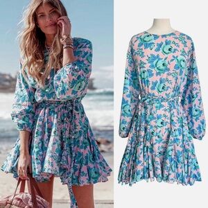 RHONE Blue and Pink Floral Long Sleeve Dress